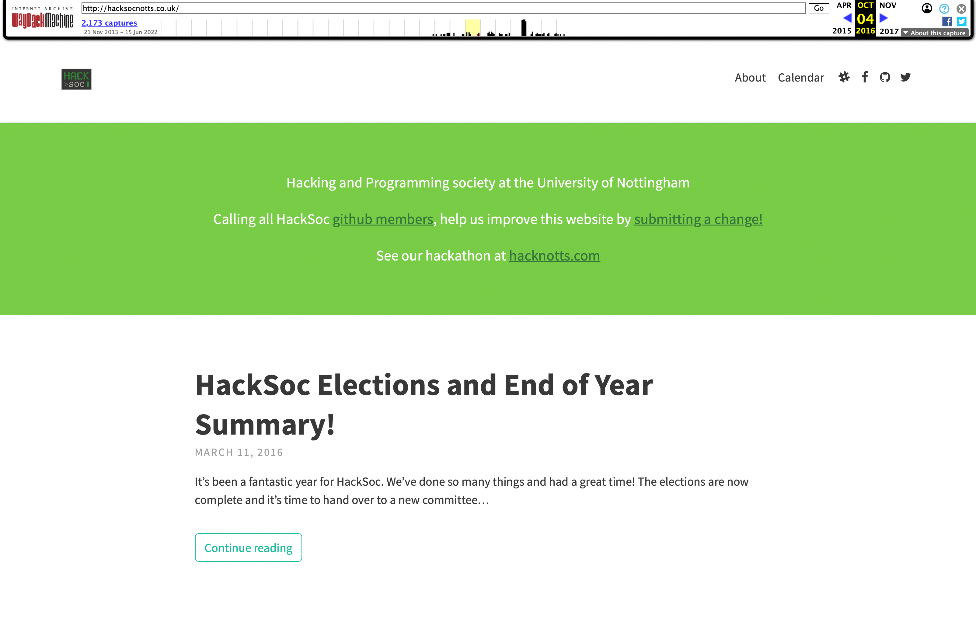 A screenshot of HackSoc’s very old website, October 2016.